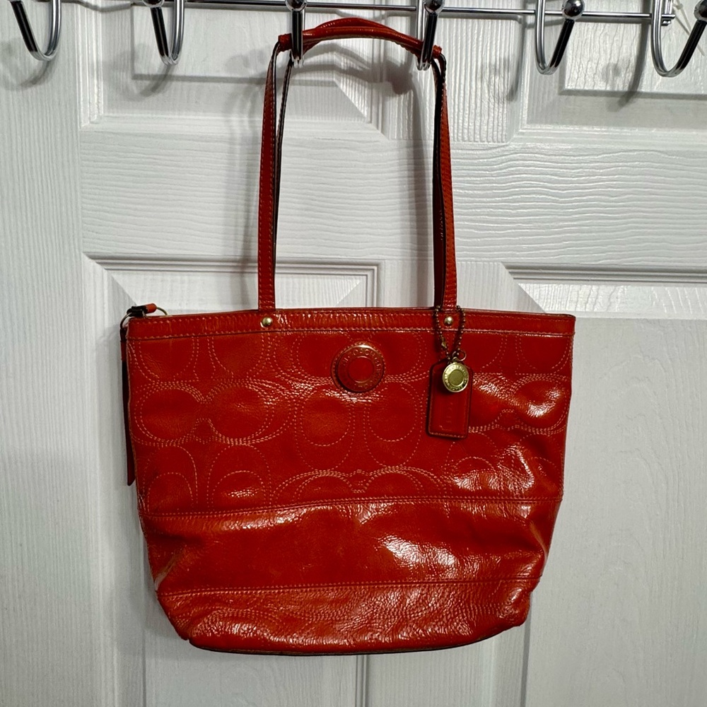 Coach Orange Leather Tote with Gold Accents